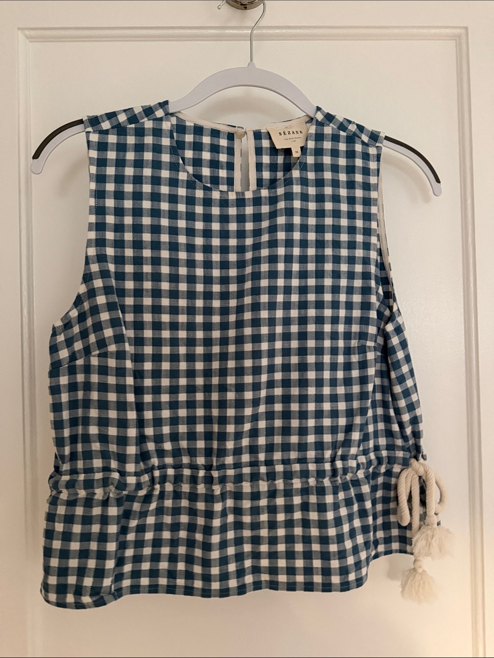 Sezane Navy and White Gingham Drawstring Sleeveless Top